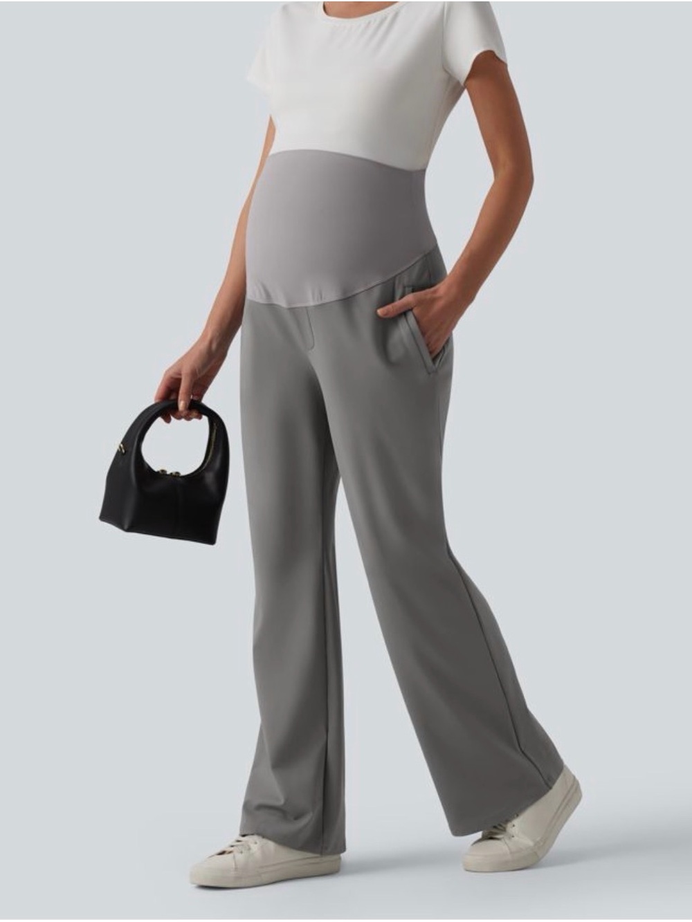 Maternity Wide-Leg Gray Ponte Pants with Supportive Panel